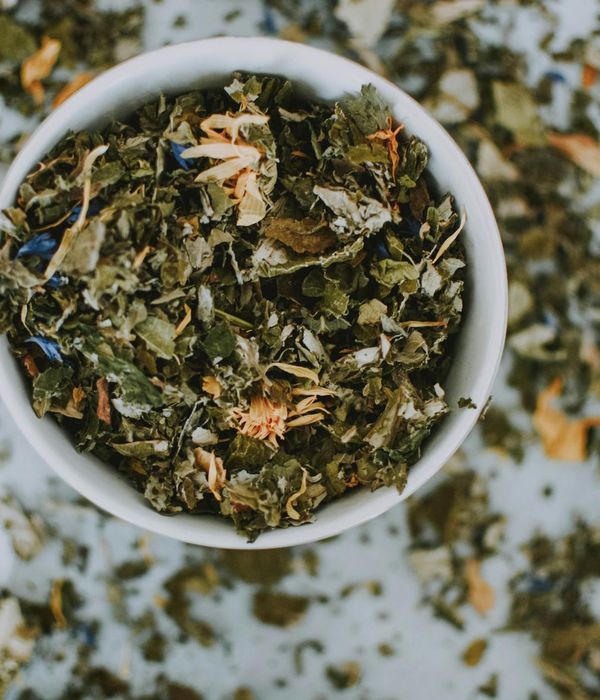 Herbal tea leaves and organic ingredients display